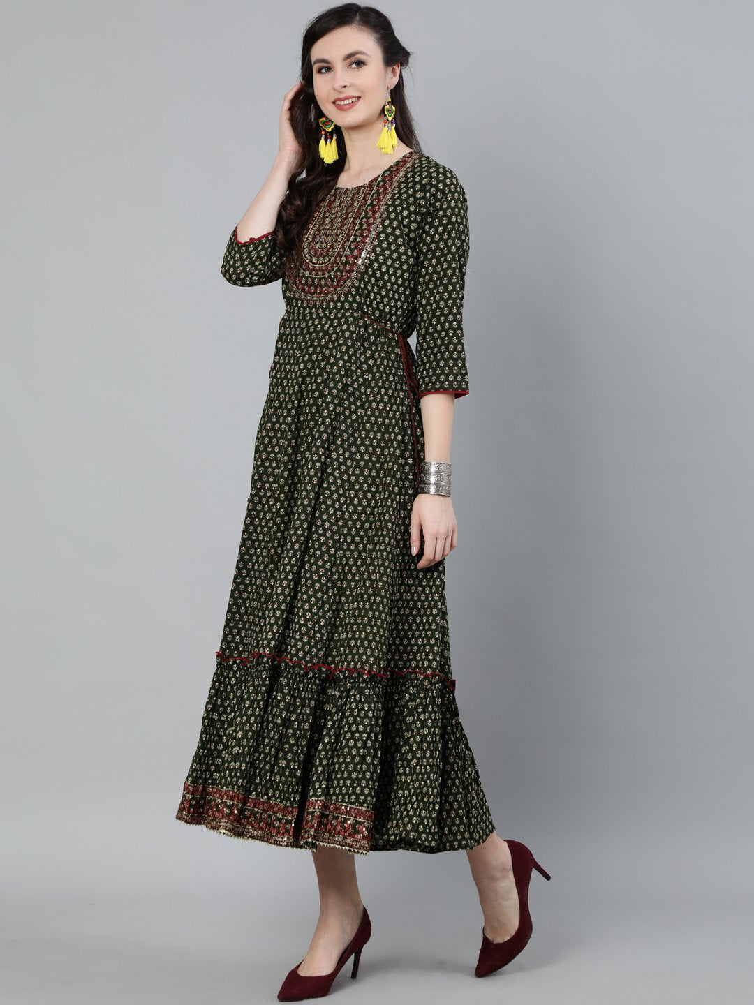 Ishin Women's Cotton Green Embroidered Anarkali Dress