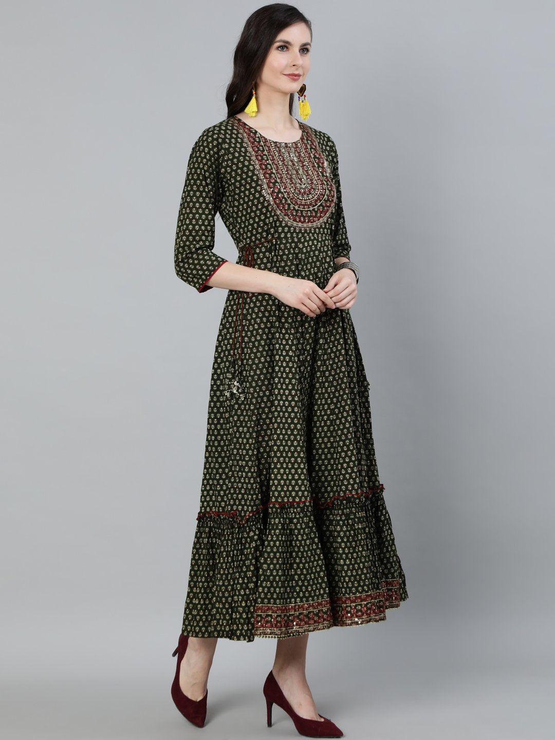 Ishin Women's Cotton Green Embroidered Anarkali Dress