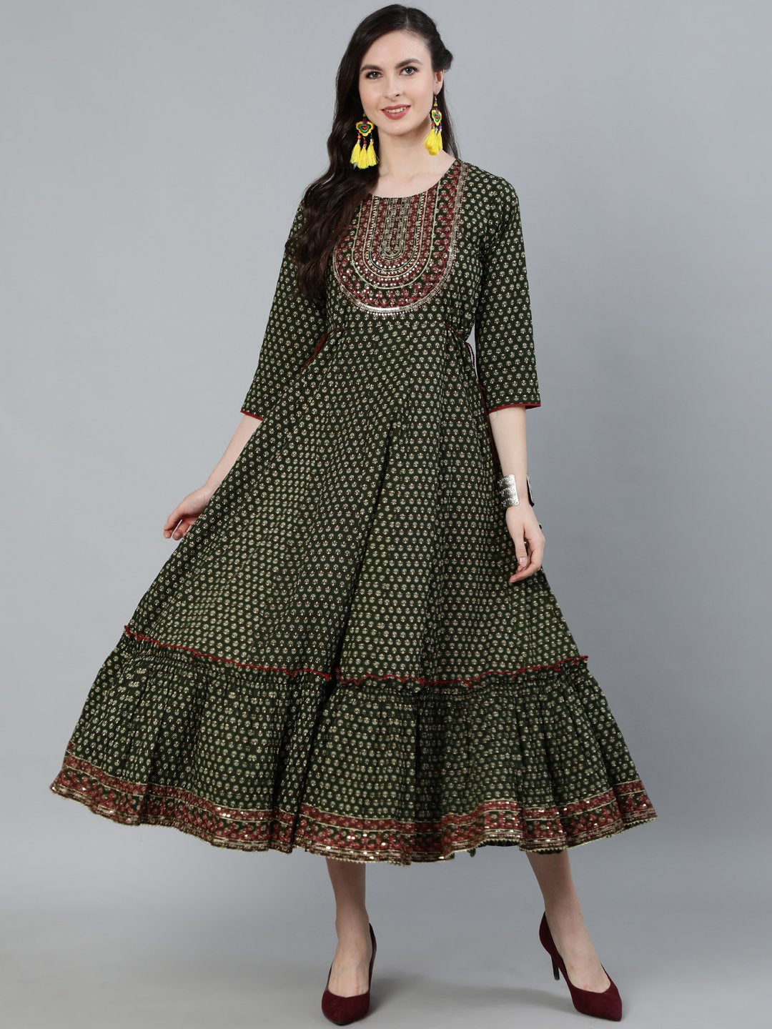 Ishin Women's Cotton Green Embroidered Anarkali Dress