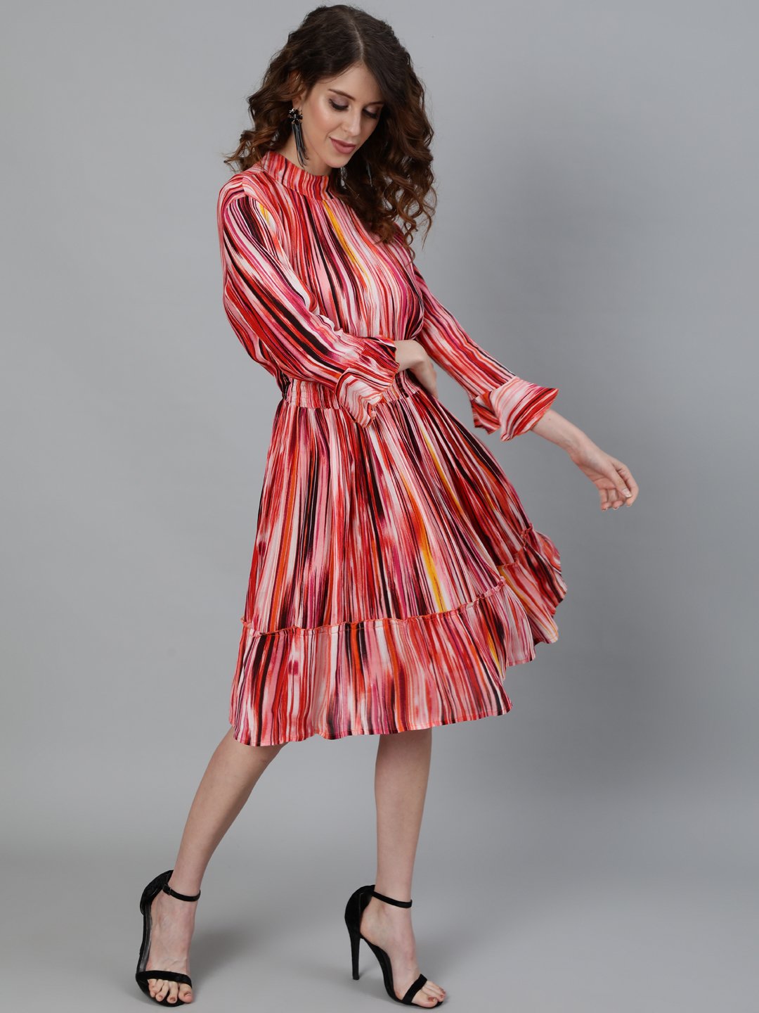 Ishin Women's Polyster Multi Clour Printed Tiered Dress
