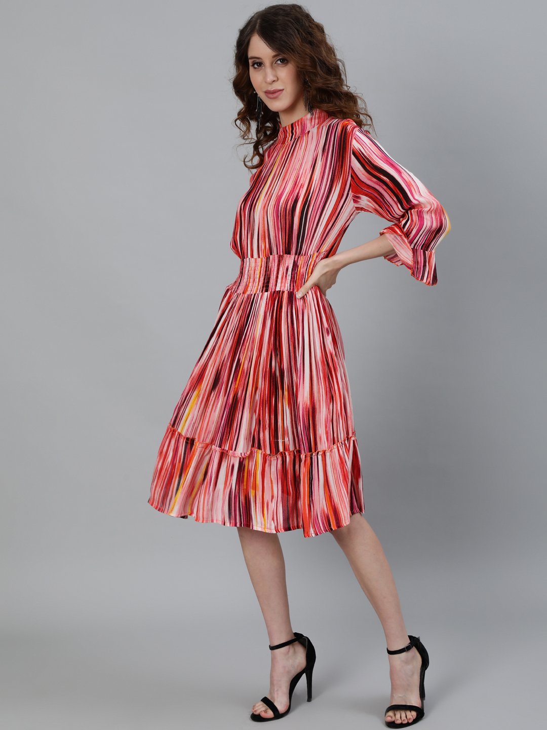 Ishin Women's Polyster Multi Clour Printed Tiered Dress