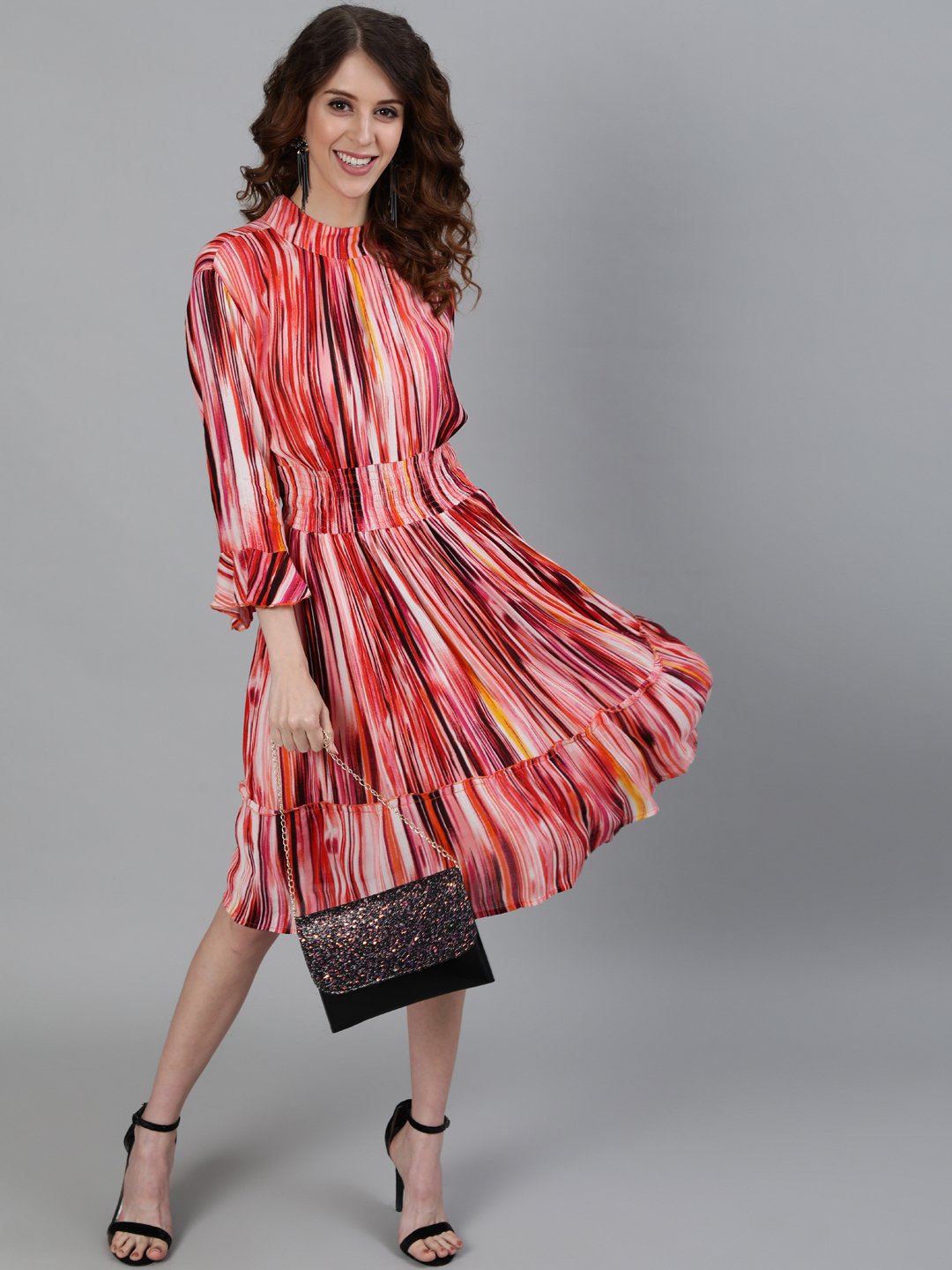 Ishin Women's Polyster Multi Clour Printed Tiered Dress