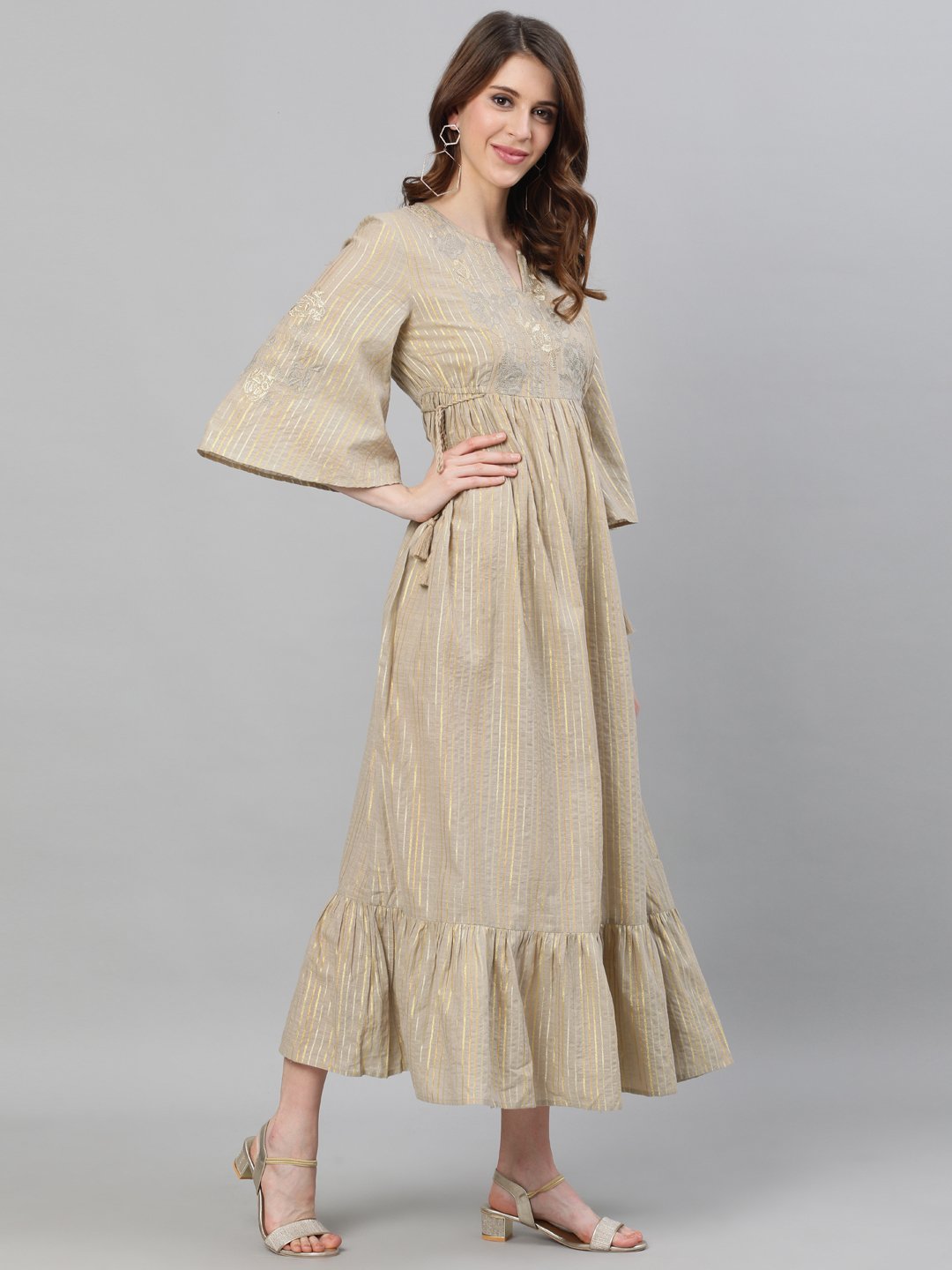 Ishin Women's Cotton Beige Lurex Embroidered A-Line Dress