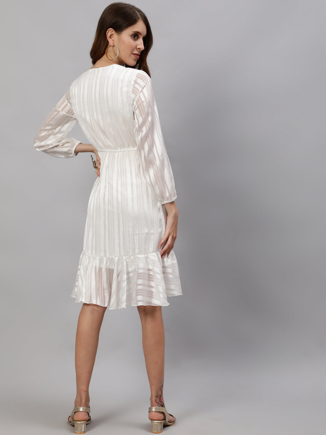Ishin Women's White Striped Wrap Dress