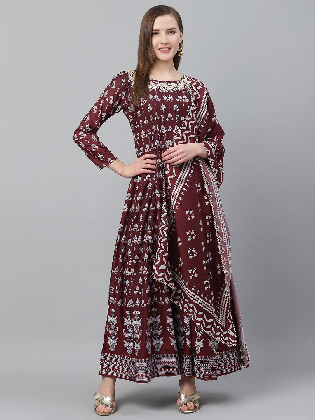 Ishin Women's Rayon Brown Printed Jewel Neck Anarkali Kurta With Dupatta
