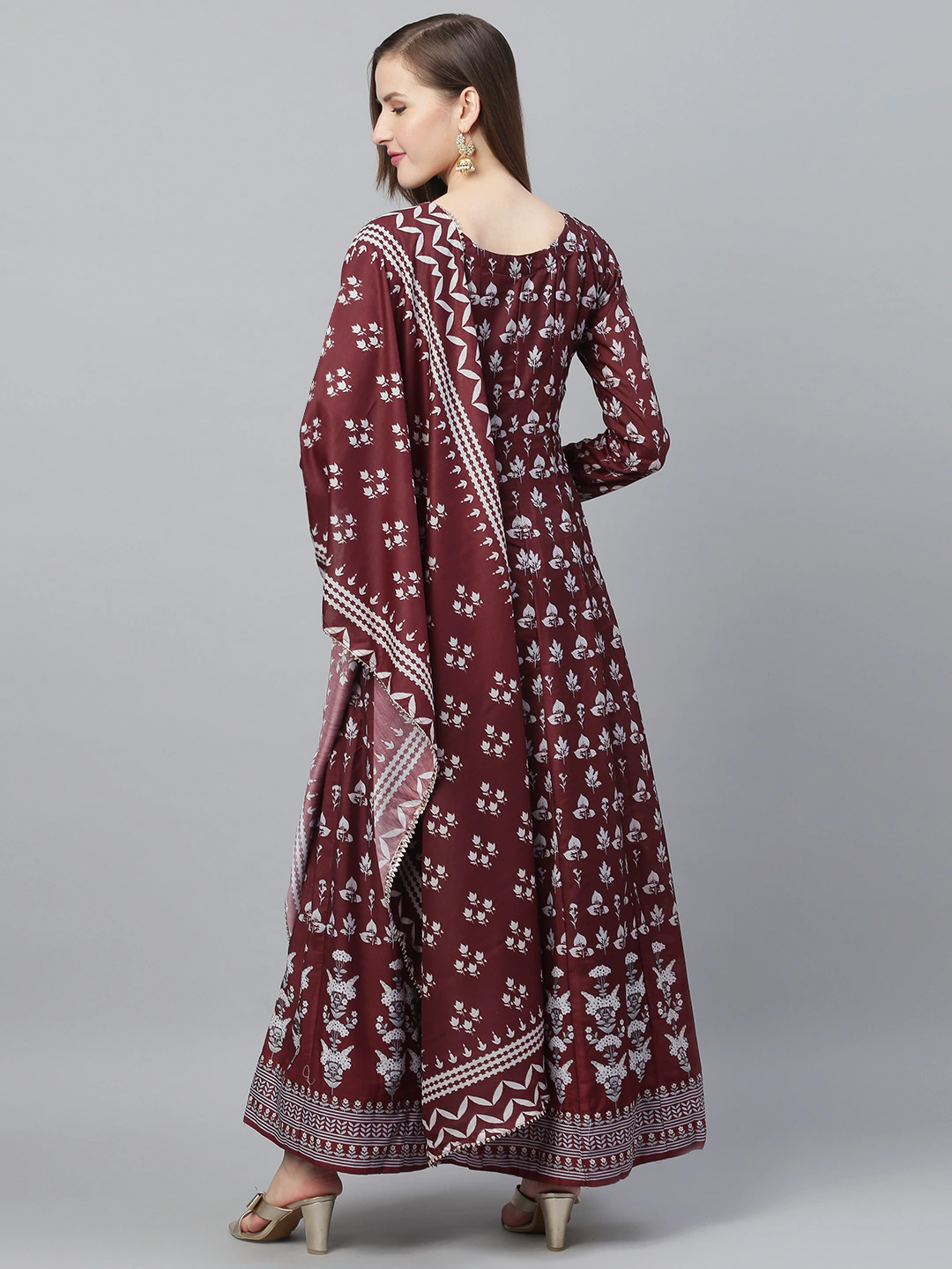 Ishin Women's Rayon Brown Printed Jewel Neck Anarkali Kurta With Dupatta