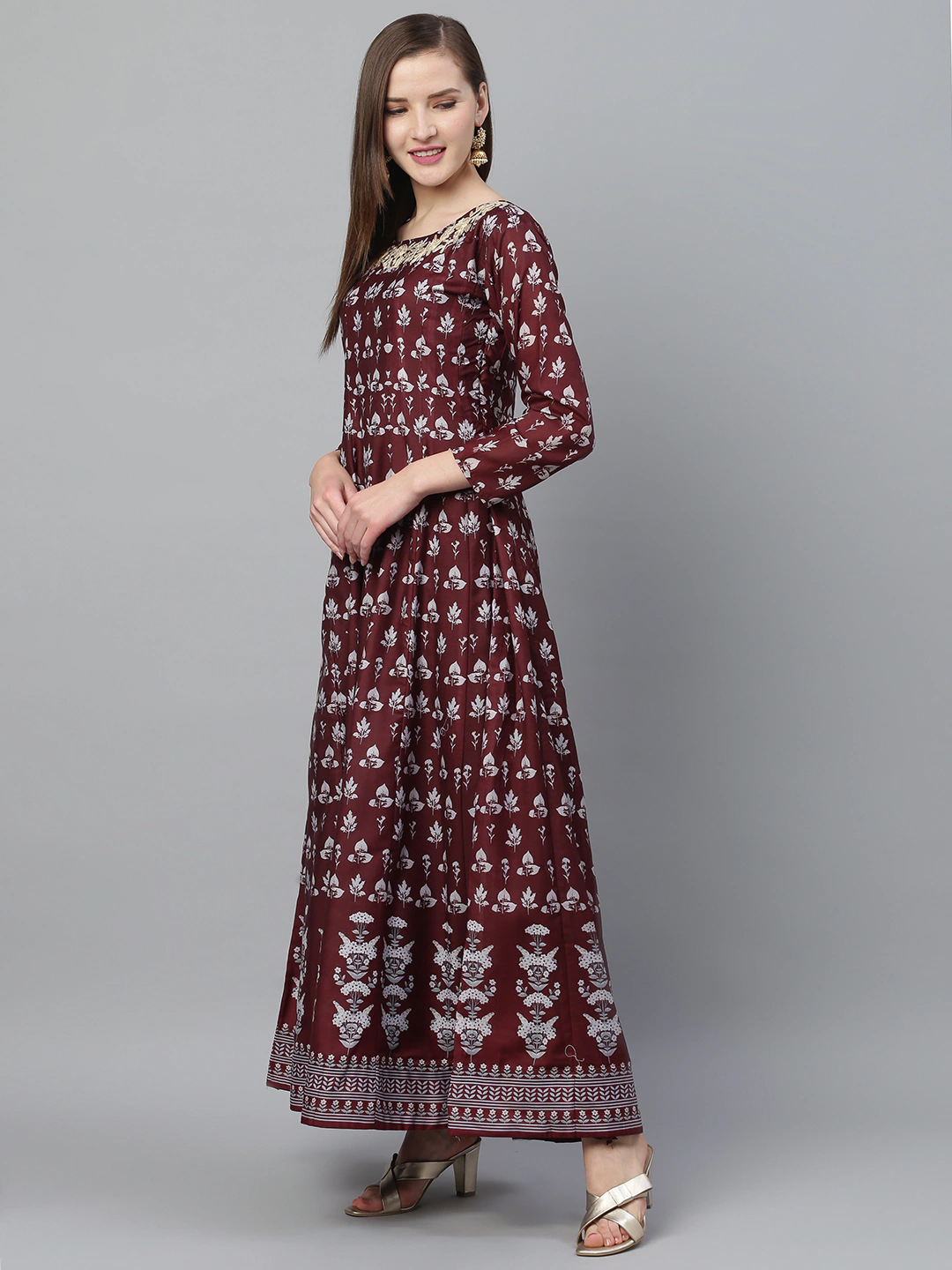 Ishin Women's Rayon Brown Printed Jewel Neck Anarkali Kurta With Dupatta
