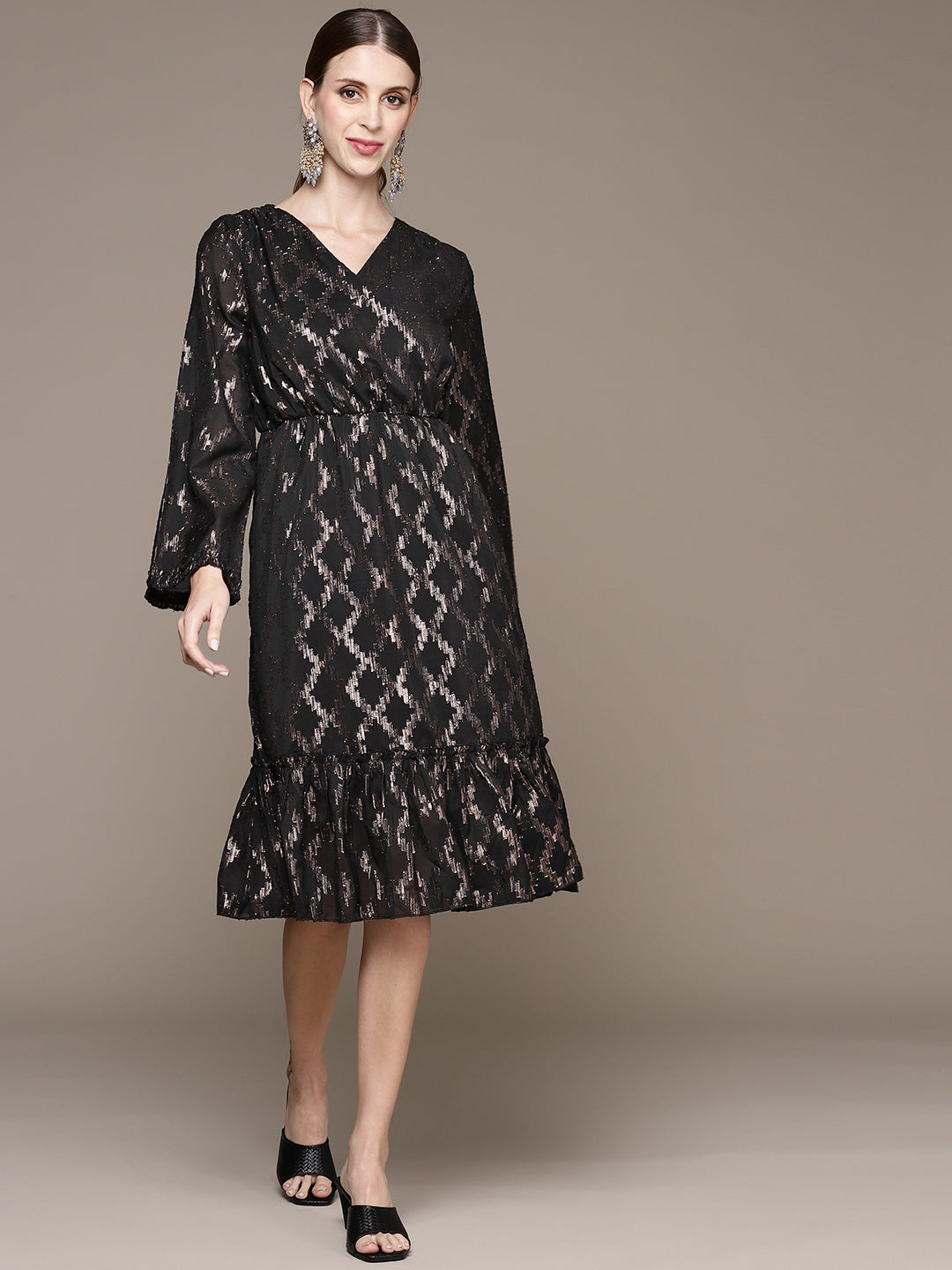 Ishin Women's Black Shimmer Wrap Tiered Dress