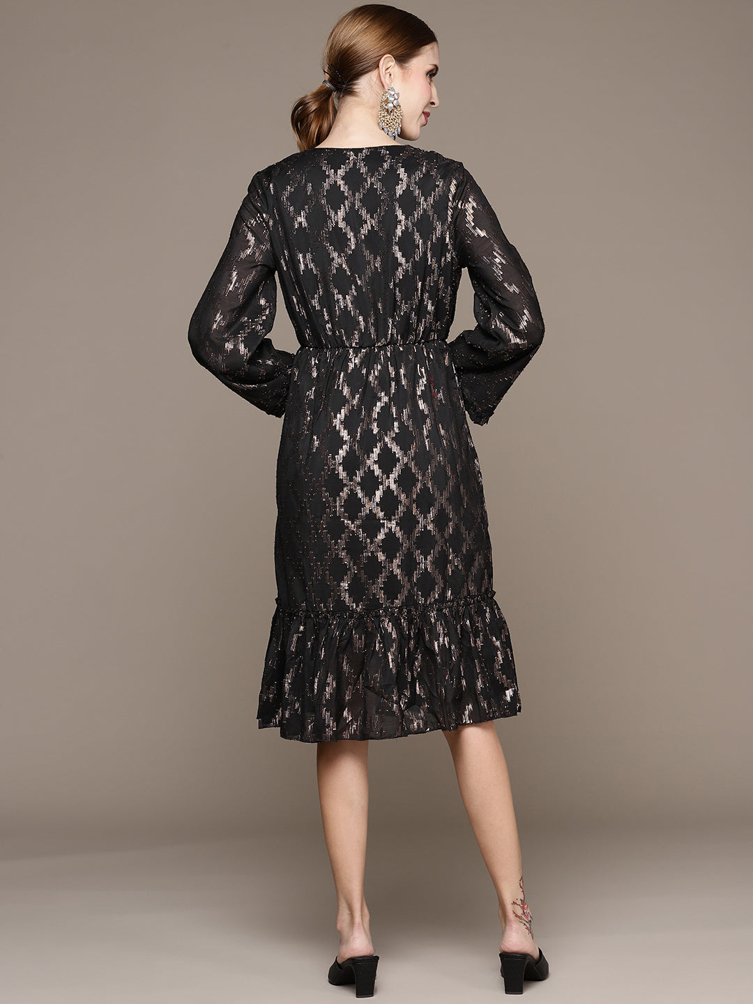 Ishin Women's Black Shimmer Wrap Tiered Dress