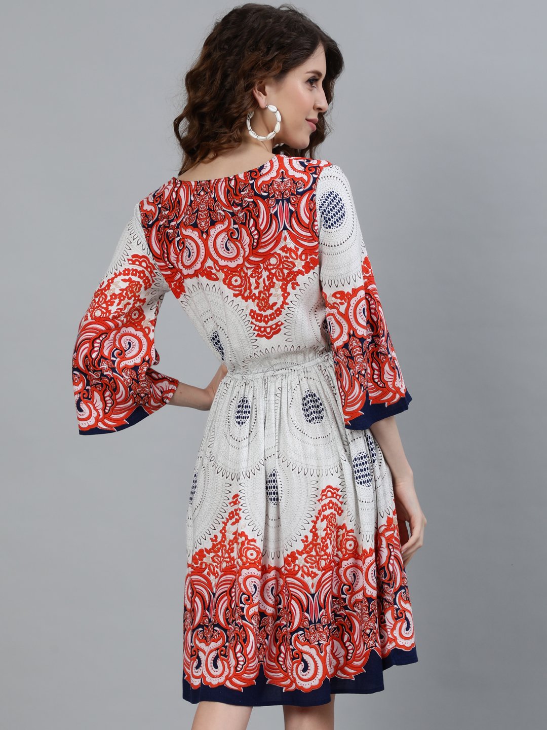 Ishin Women's Viscose Rayon Red & White Printed Flare Dress