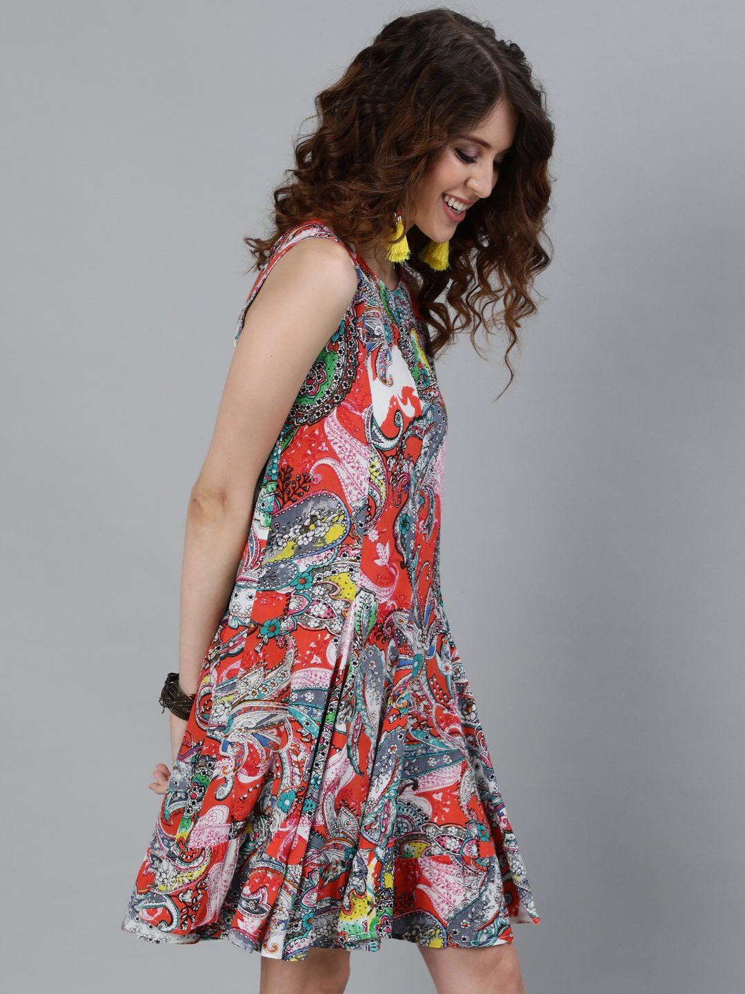 Ishin Women's Multi Colour Printed Fit & Flare Dress