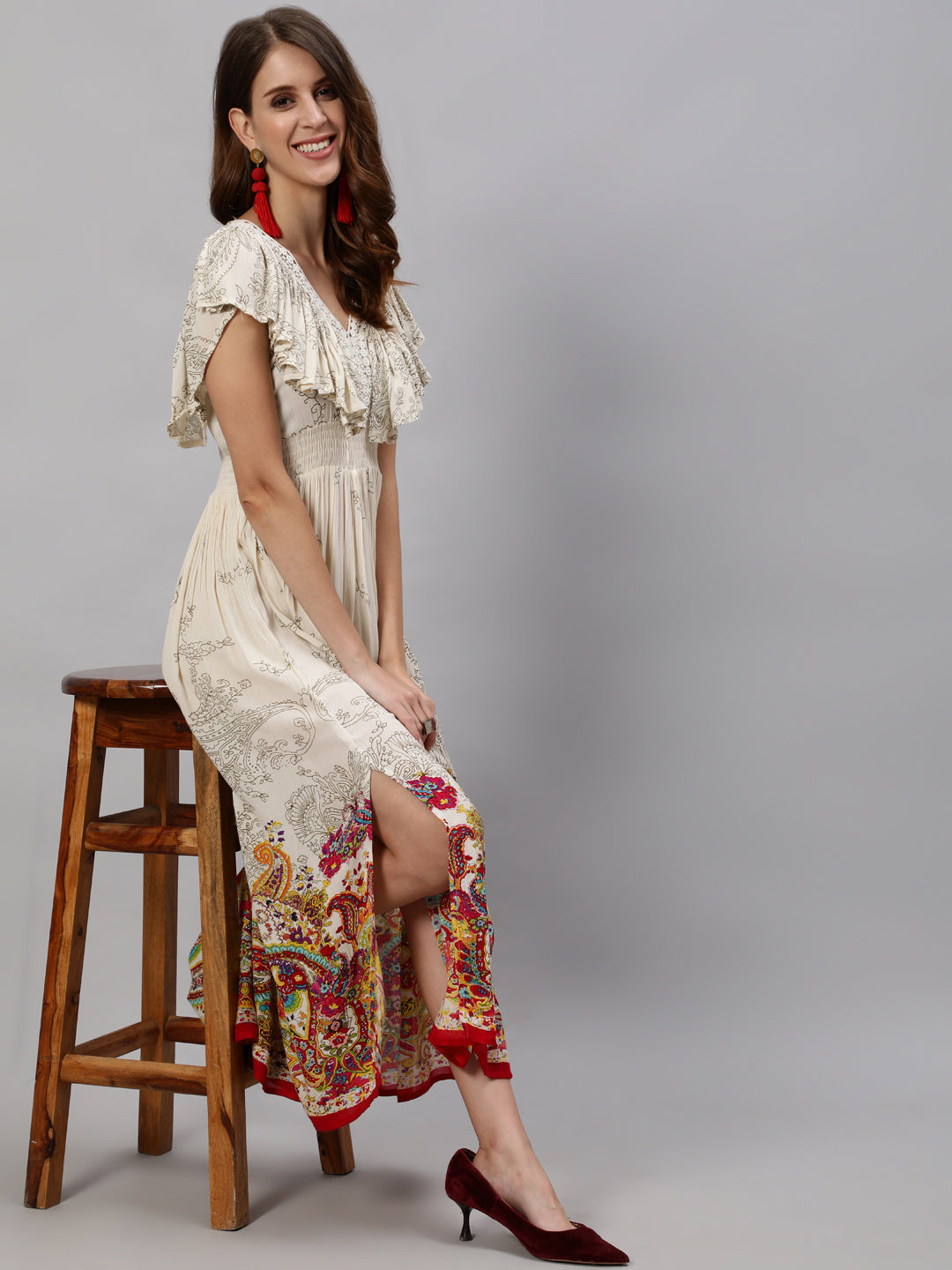 Ishin Women's Off White Printed Blouson Dress