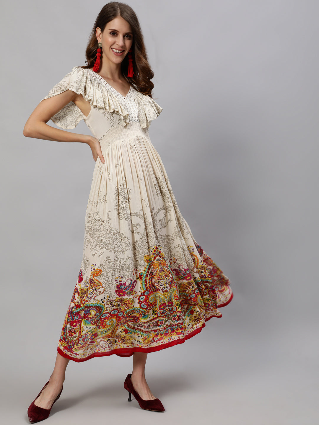 Ishin Women's Off White Printed Blouson Dress