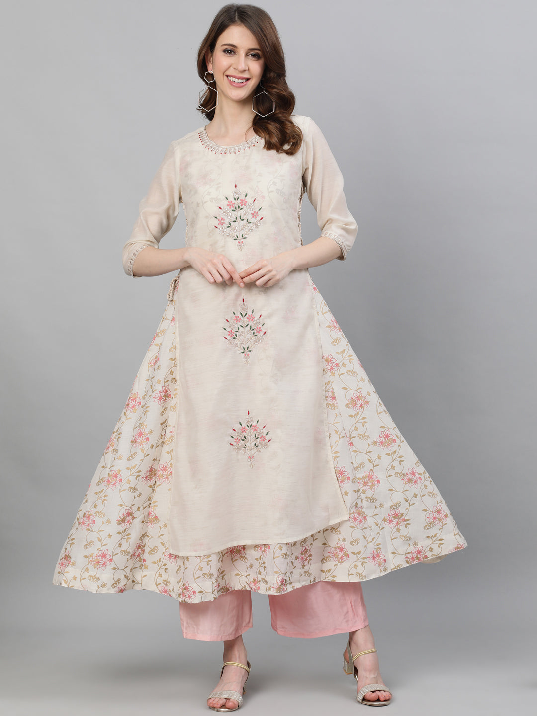 Ishin Women's Chanderi Silk Off White Gota Patti Embroidered Anarkali Layered Kurta