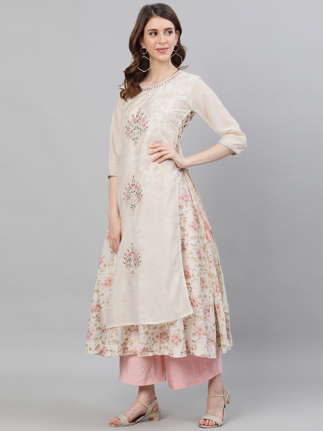Ishin Women's Chanderi Silk Off White Gota Patti Embroidered Anarkali Layered Kurta