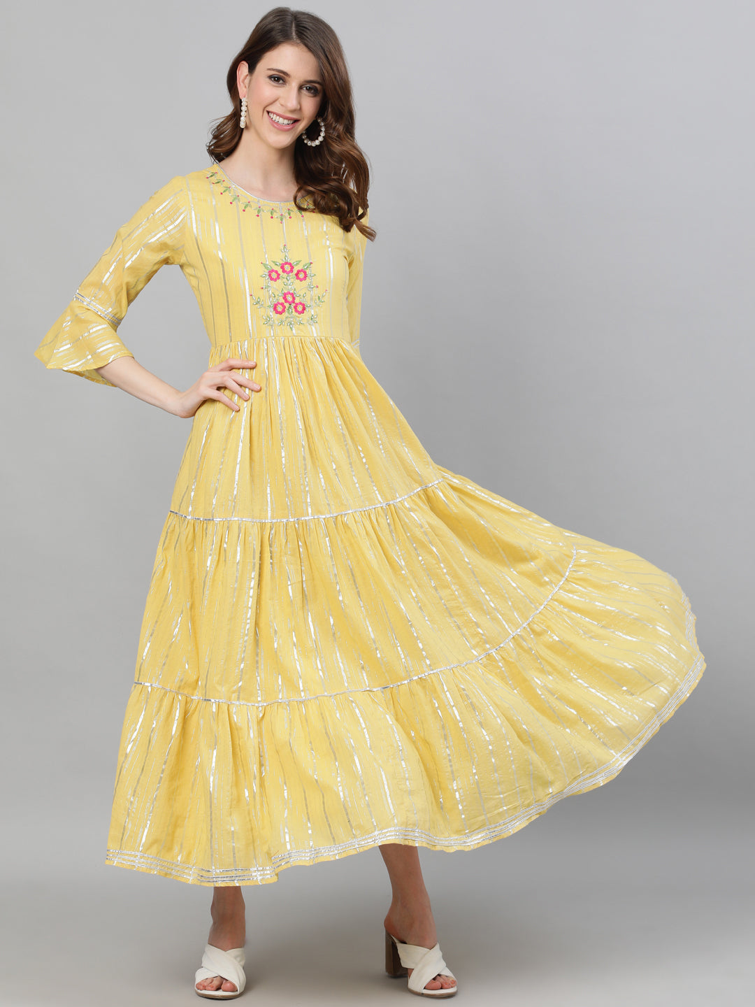 Ishin Women's Lurex Cotton Yellow Embroidered Anarkali Kurta