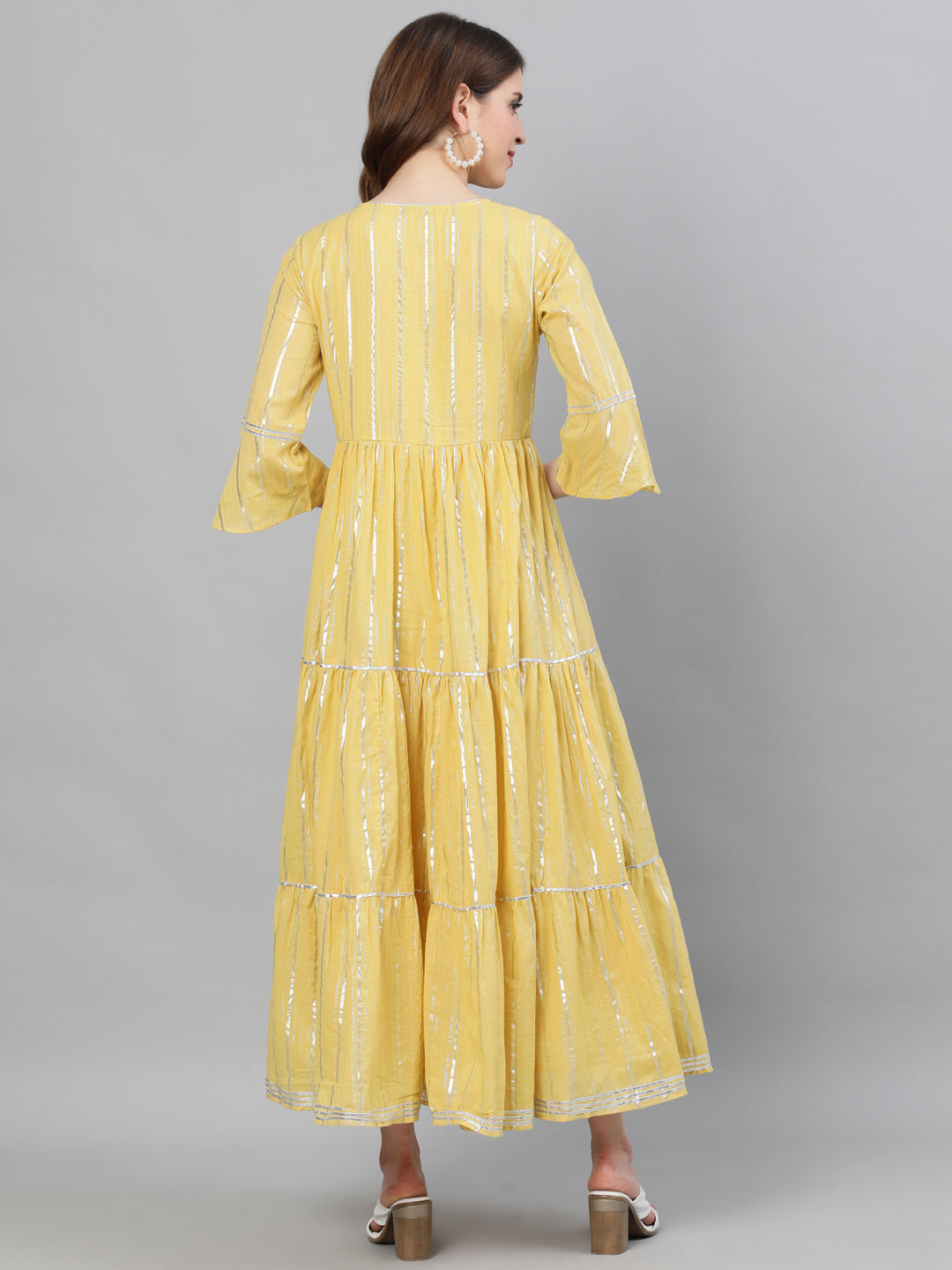 Ishin Women's Lurex Cotton Yellow Embroidered Anarkali Kurta