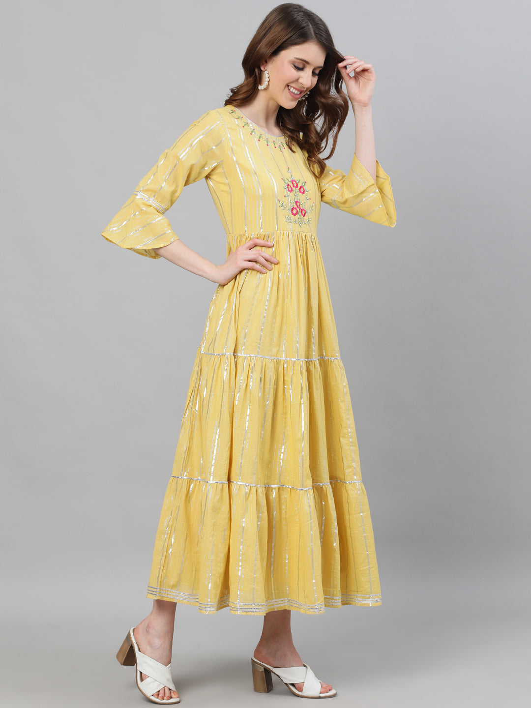 Ishin Women's Lurex Cotton Yellow Embroidered Anarkali Kurta