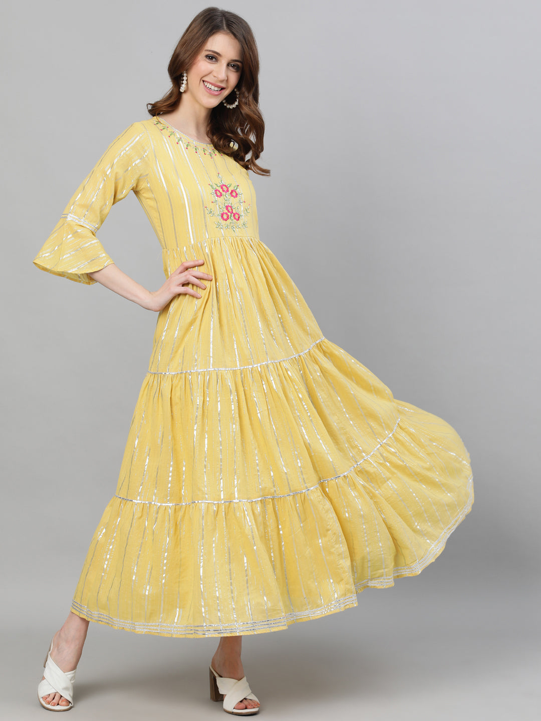 Ishin Women's Lurex Cotton Yellow Embroidered Anarkali Kurta