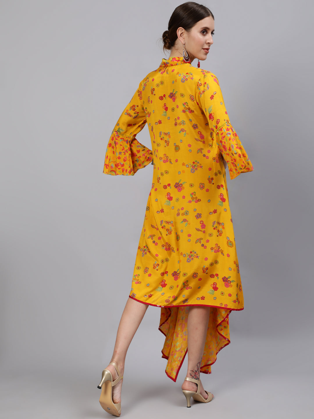 Ishin Women's Mustard Yellow Floral PrintedMaxi Dress