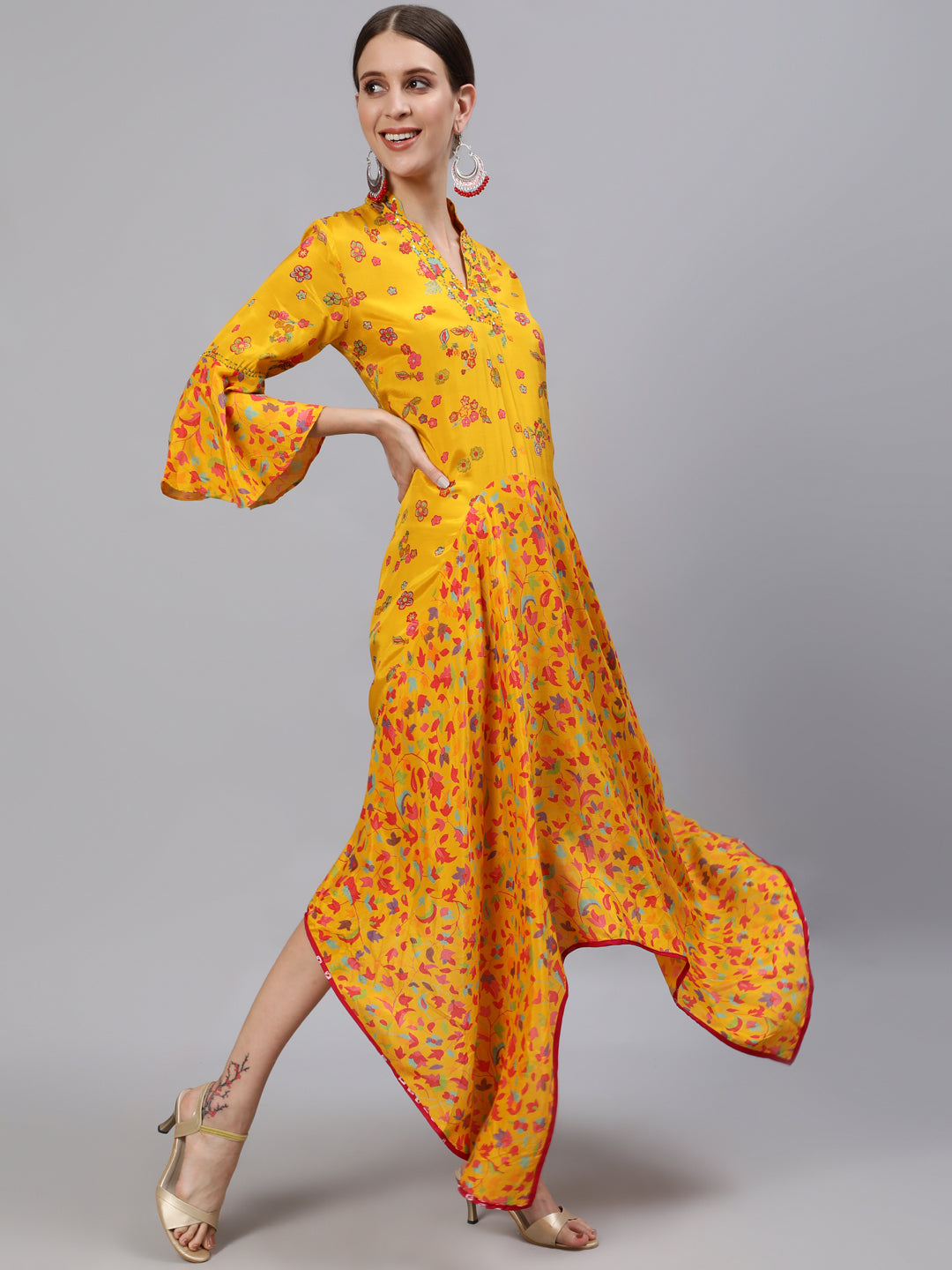 Ishin Women's Mustard Yellow Floral PrintedMaxi Dress