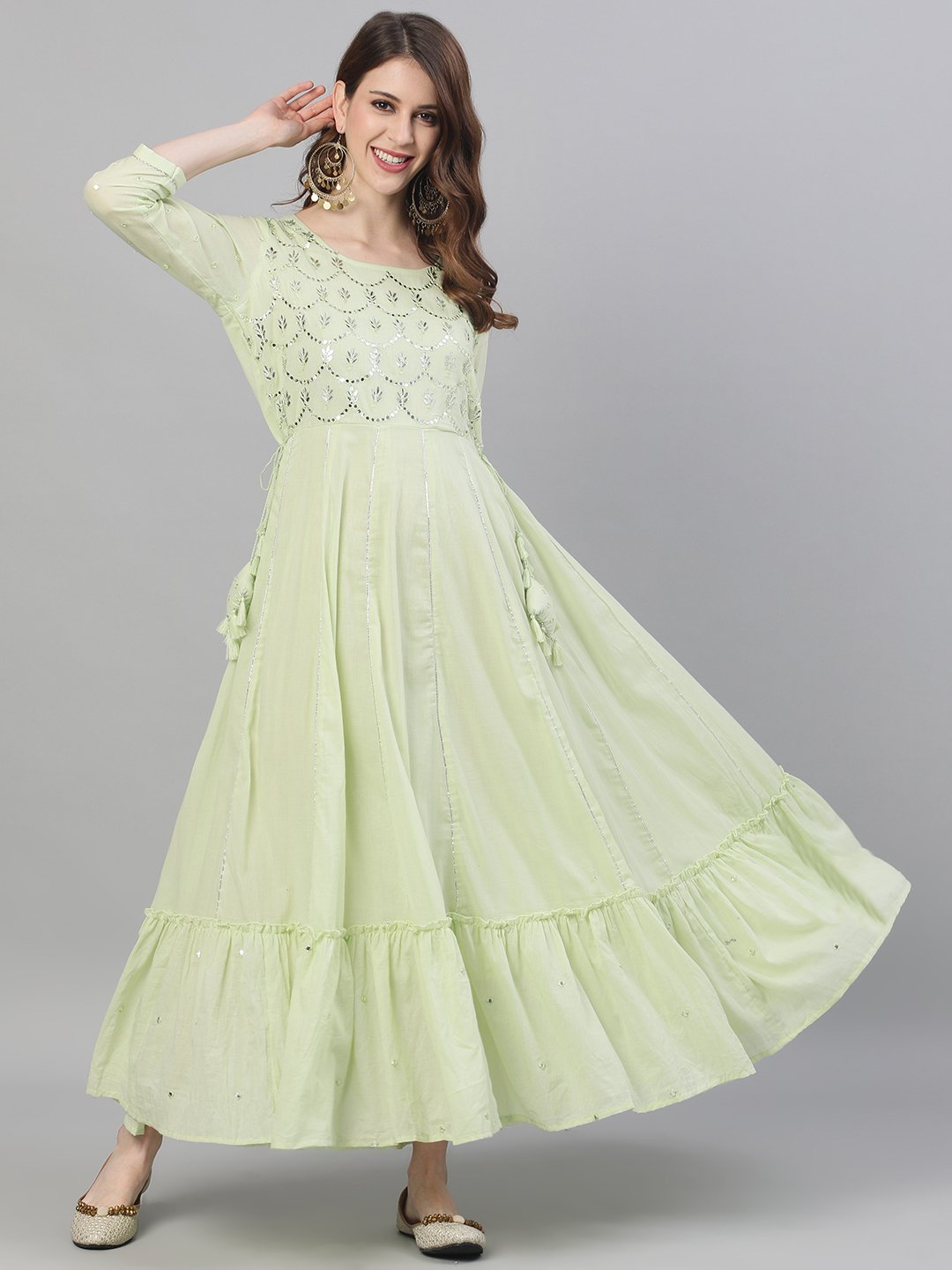 Ishin Women's Cotton Pista Green Embroidered Flared Dress