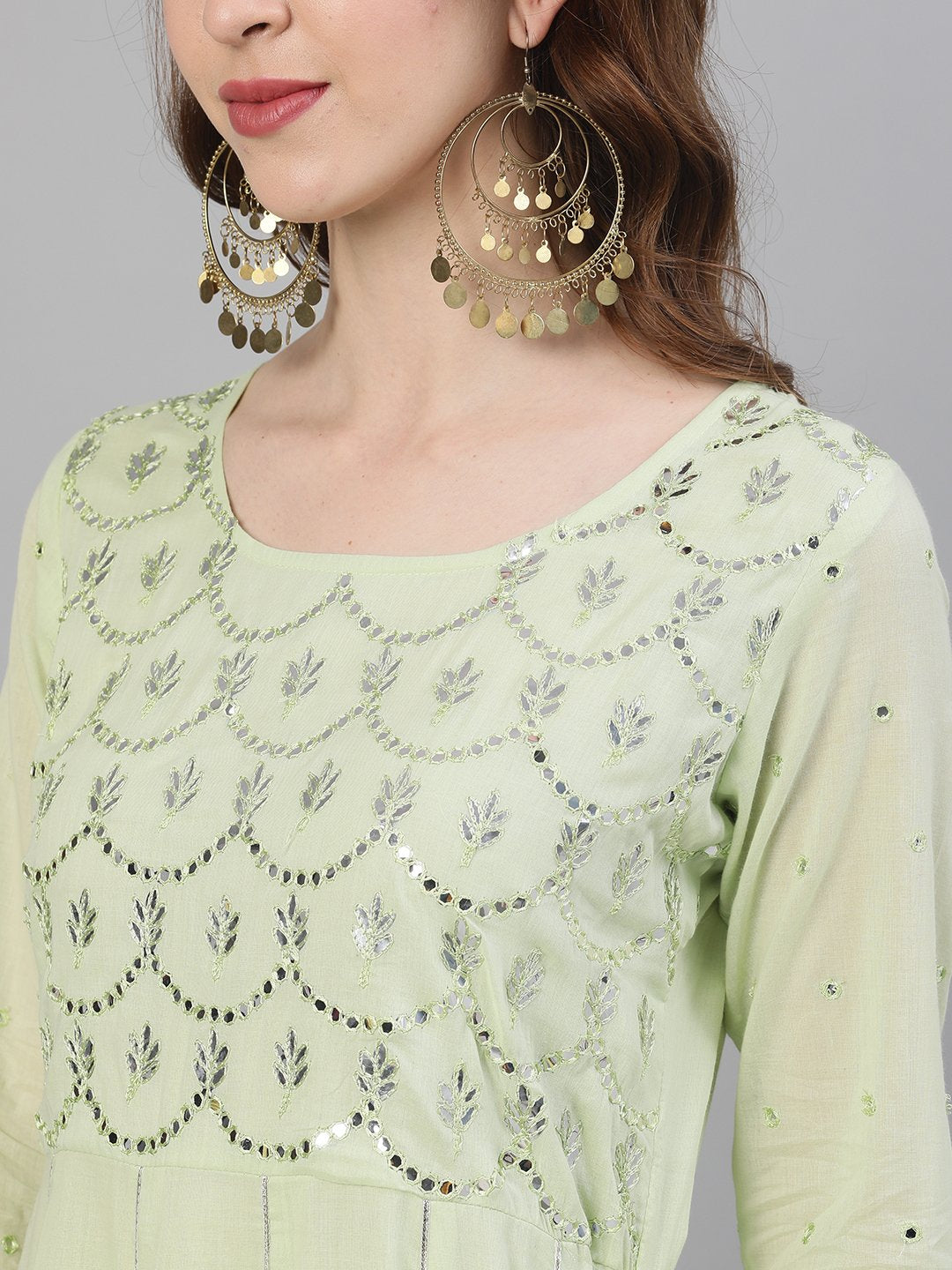 Ishin Women's Cotton Pista Green Embroidered Flared Dress