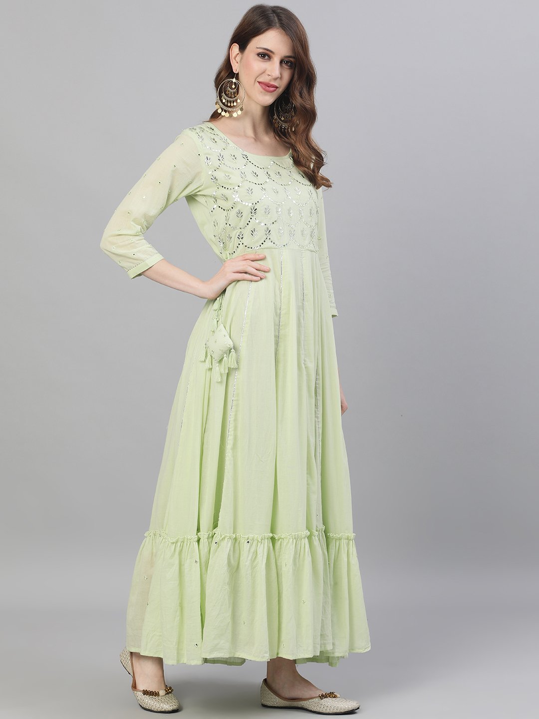 Ishin Women's Cotton Pista Green Embroidered Flared Dress