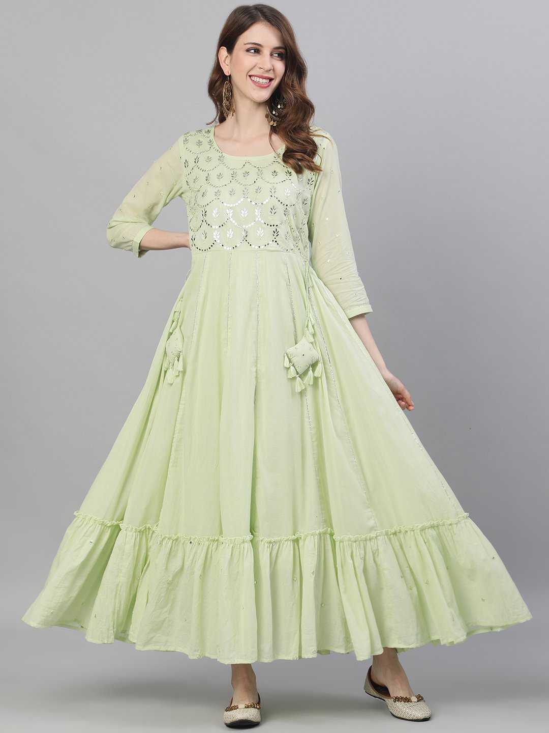 Buy Ishin Women's Cotton Pista Green Embroidered Flared Dress Online Buy Ishin Women's Cotton Pista Green Embroidered Flared Dress Online