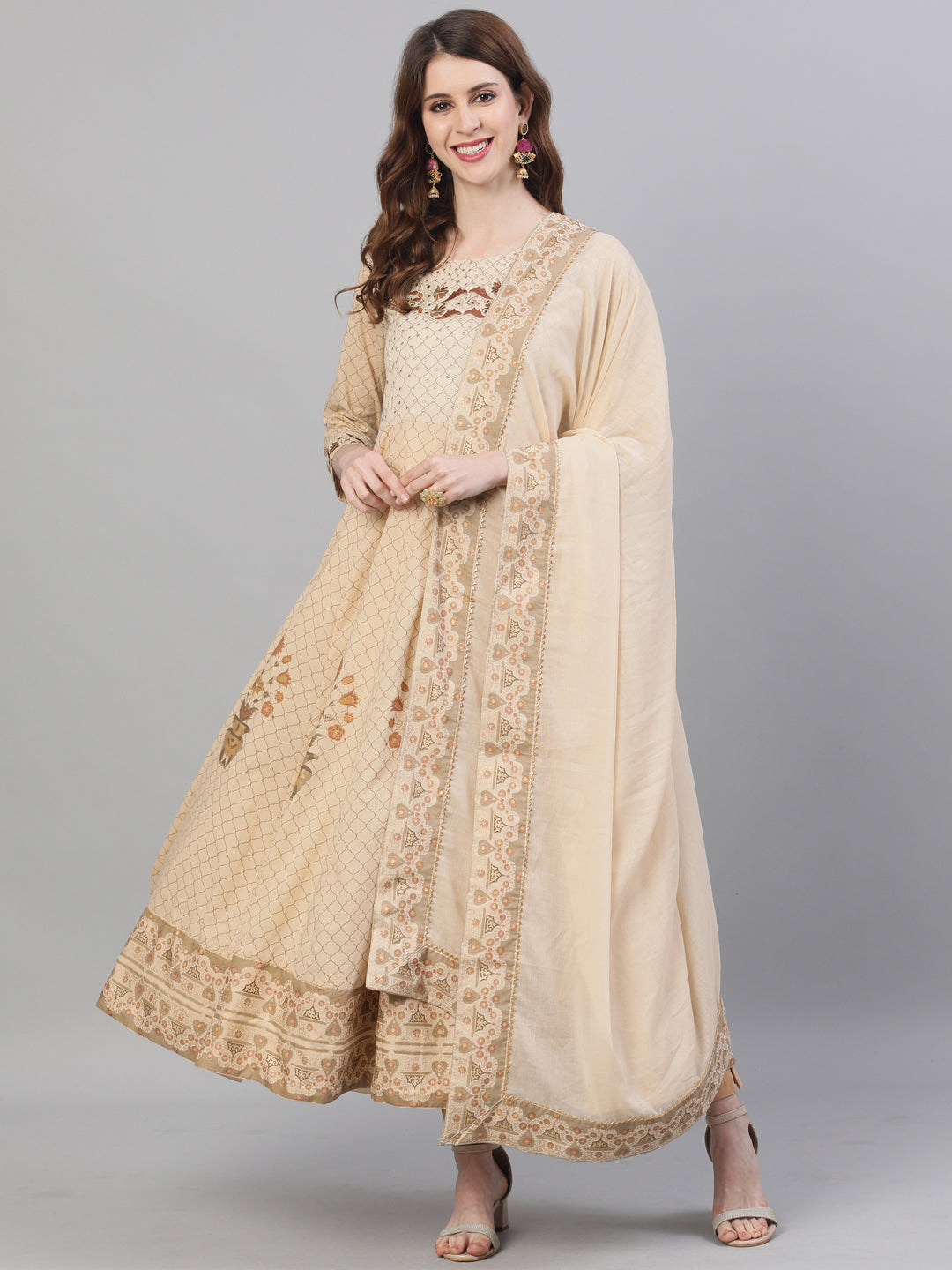 Ishin Women's Cotton Beige Foil Embroidered Anarkali Kurta With Dupatta