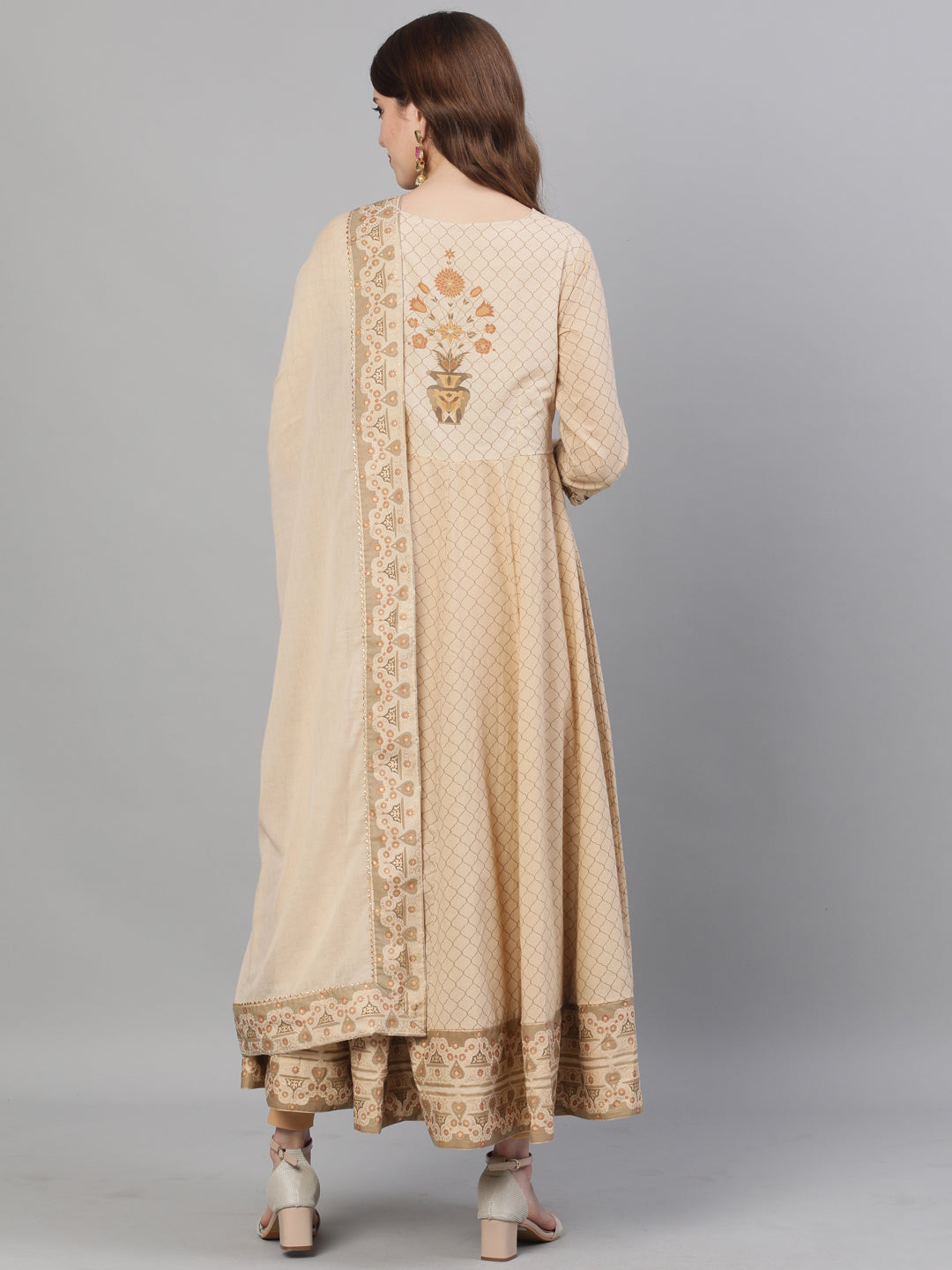 Ishin Women's Cotton Beige Foil Embroidered Anarkali Kurta With Dupatta