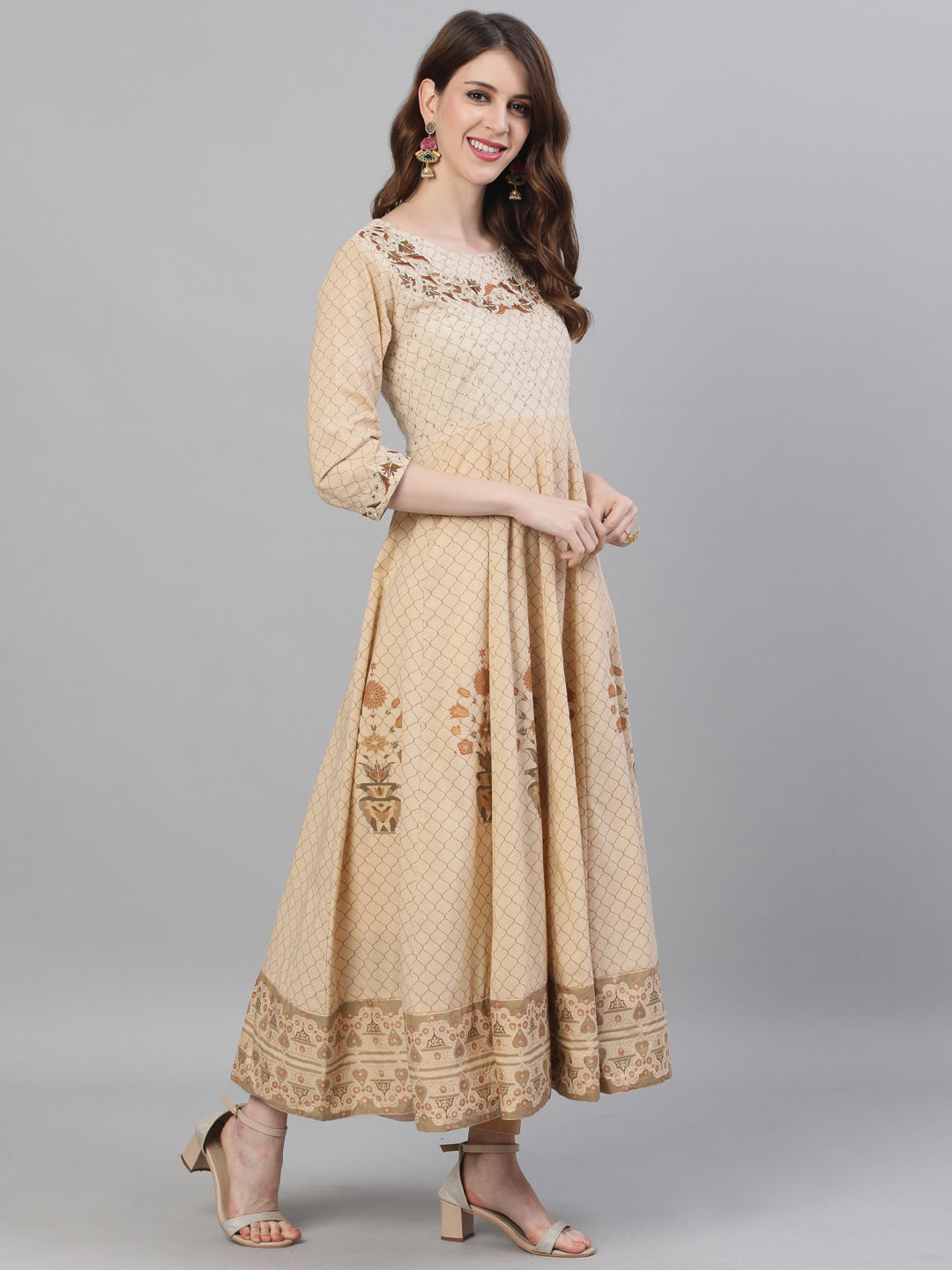 Ishin Women's Cotton Beige Foil Embroidered Anarkali Kurta With Dupatta