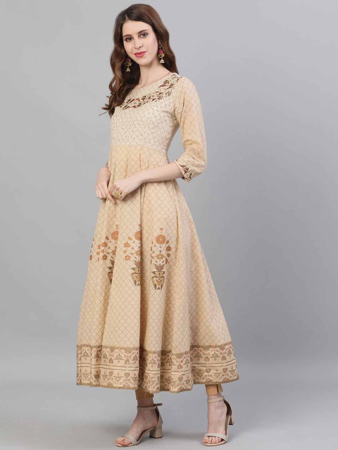 Ishin Women's Cotton Beige Foil Embroidered Anarkali Kurta With Dupatta