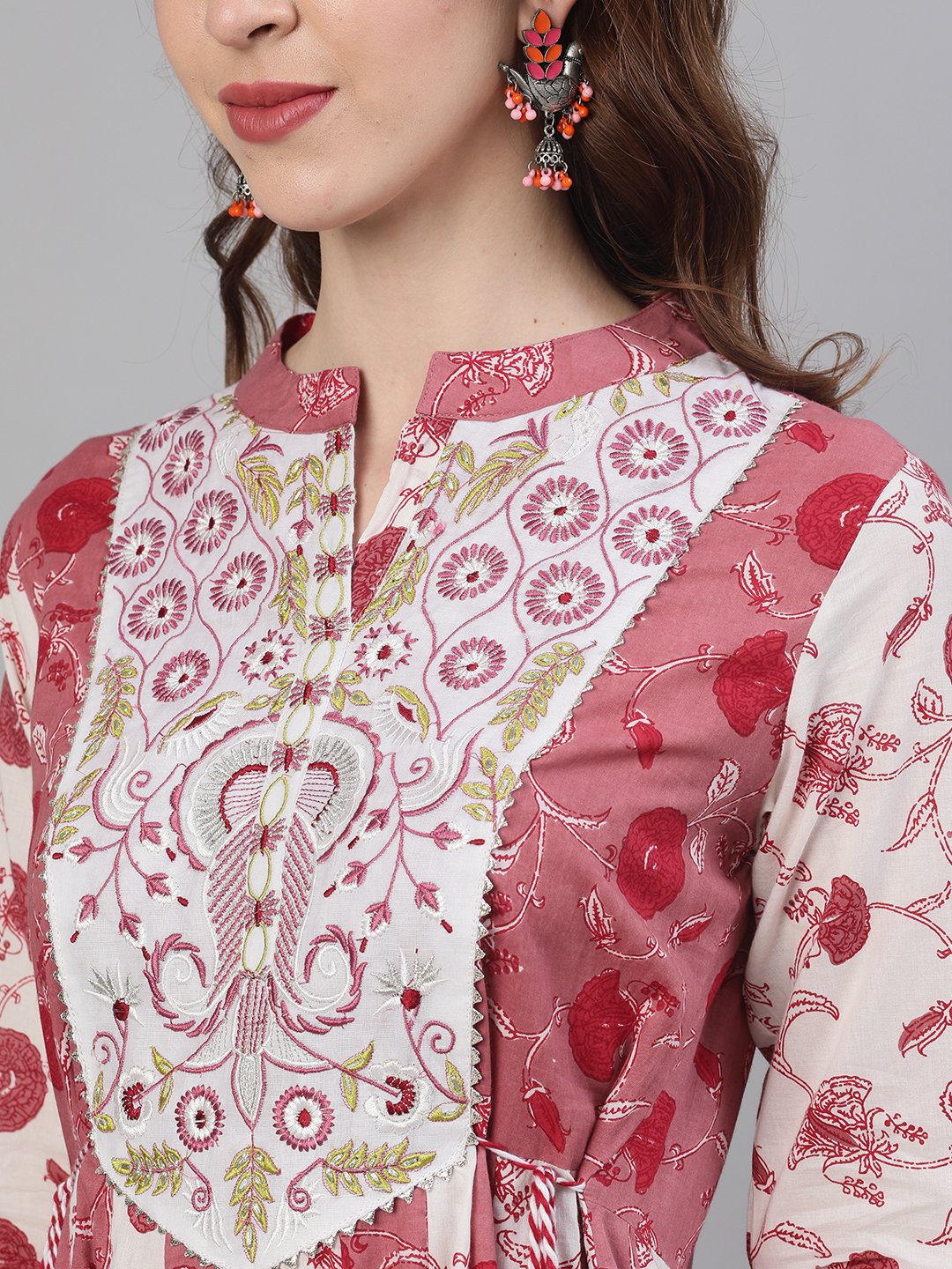 Ishin Women's Cotton Pink & White Embroidered Anarkali Kurta