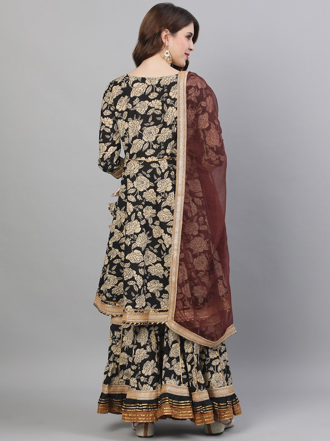 Ishin Women's Cotton Black & Brown Embroidered Peplum Kurta Sharara Dupatta Set