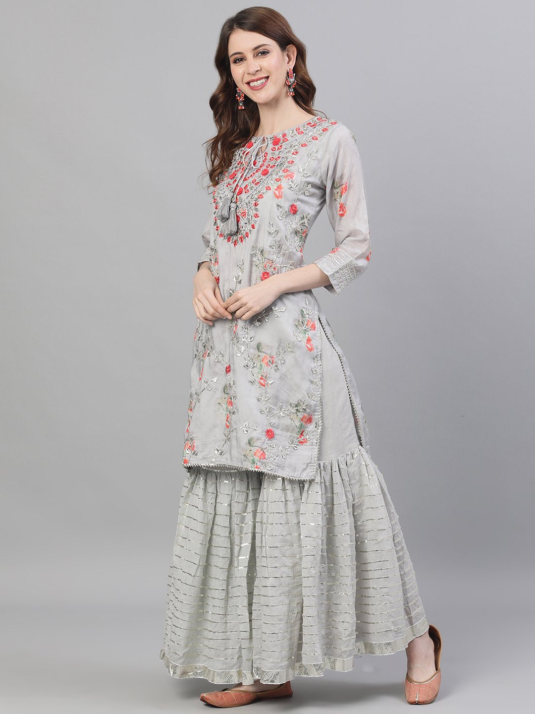Ishin Women's Silk Grey Gota Patti Embroidered A-Line Kurta Sharara Dupatta Set
