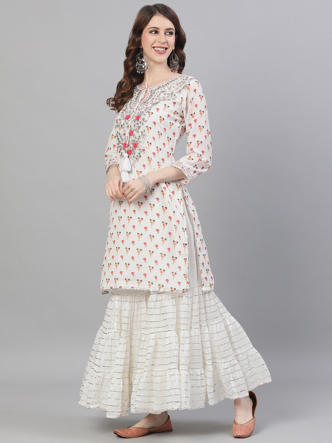 Ishin Women's Silk White Gota Patti Embroidered A-Line Kurta Sharara Dupatta Set