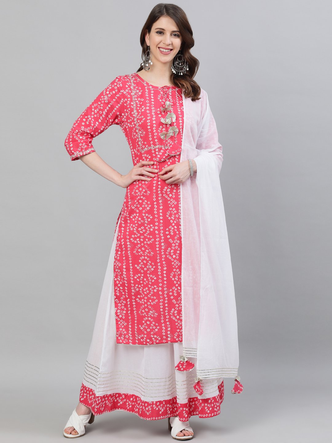 Ishin Women's Cotton Pink & White Bandhani Embroidered A-Line Kurta Skirt Dupatta Set