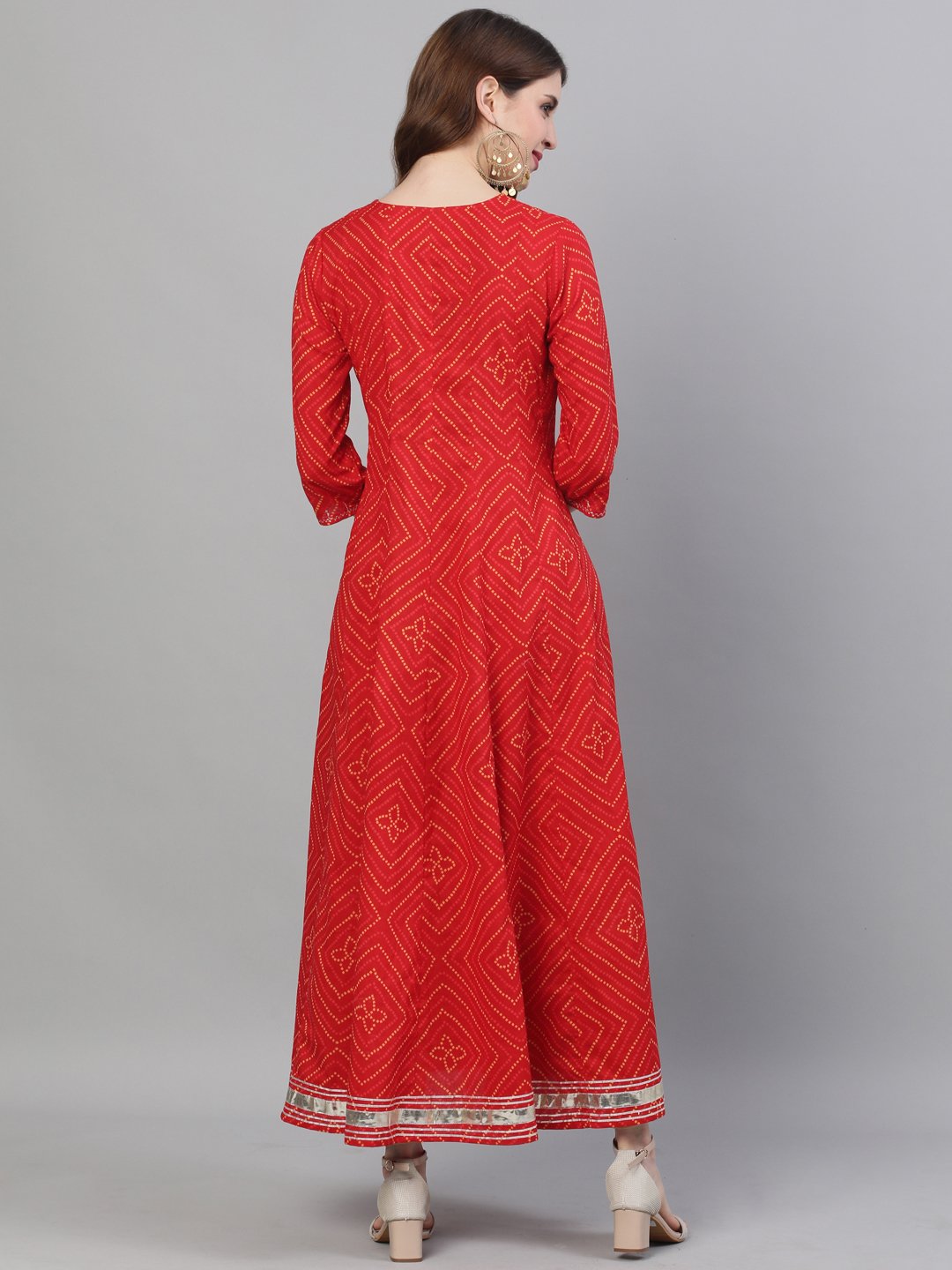 Ishin Women's Cotton Red Bandhani Embroidered Anarkali Flared Kurta