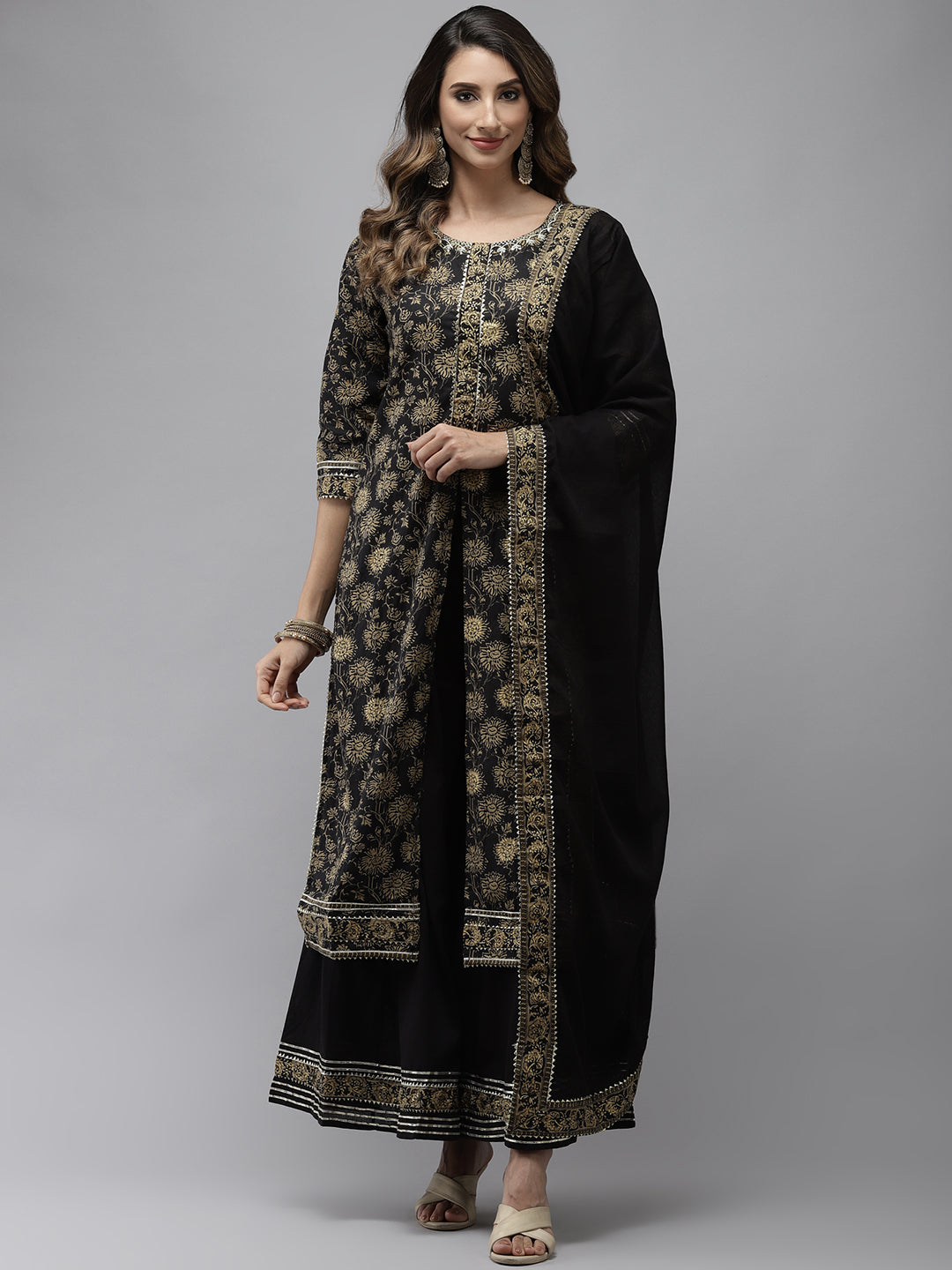 Ishin Women's Cotton Black Printed With Gota Patti A-Line Kurta Sharara Dupatta Set