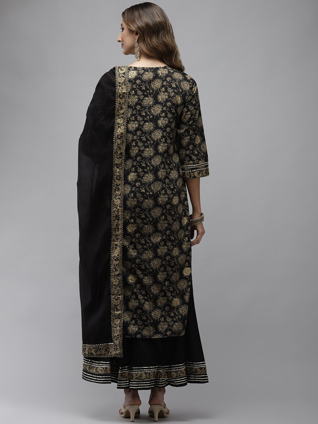 Ishin Women's Cotton Black Printed With Gota Patti A-Line Kurta Sharara Dupatta Set