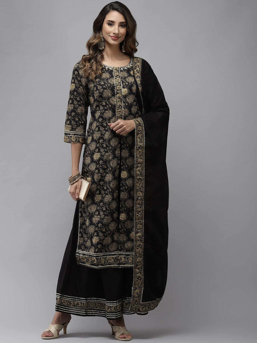 Ishin Women's Cotton Black Printed With Gota Patti A-Line Kurta Sharara Dupatta Set