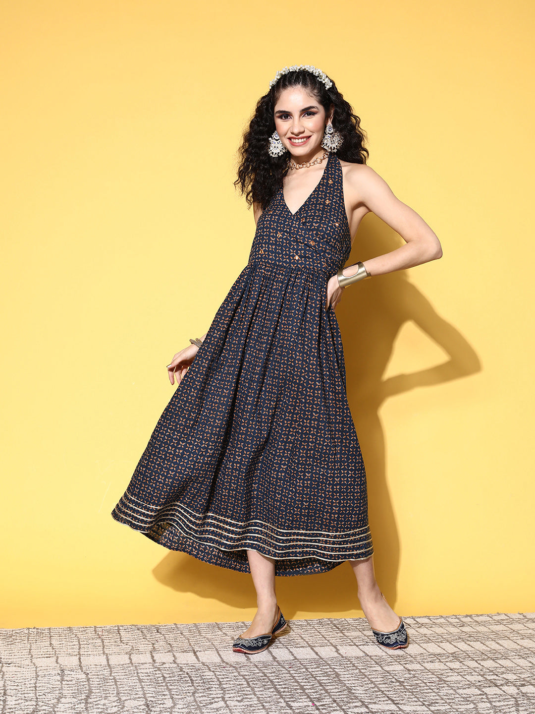 Sunehri Women's Cotton Navy Blue Embellished Anarkali Dress
