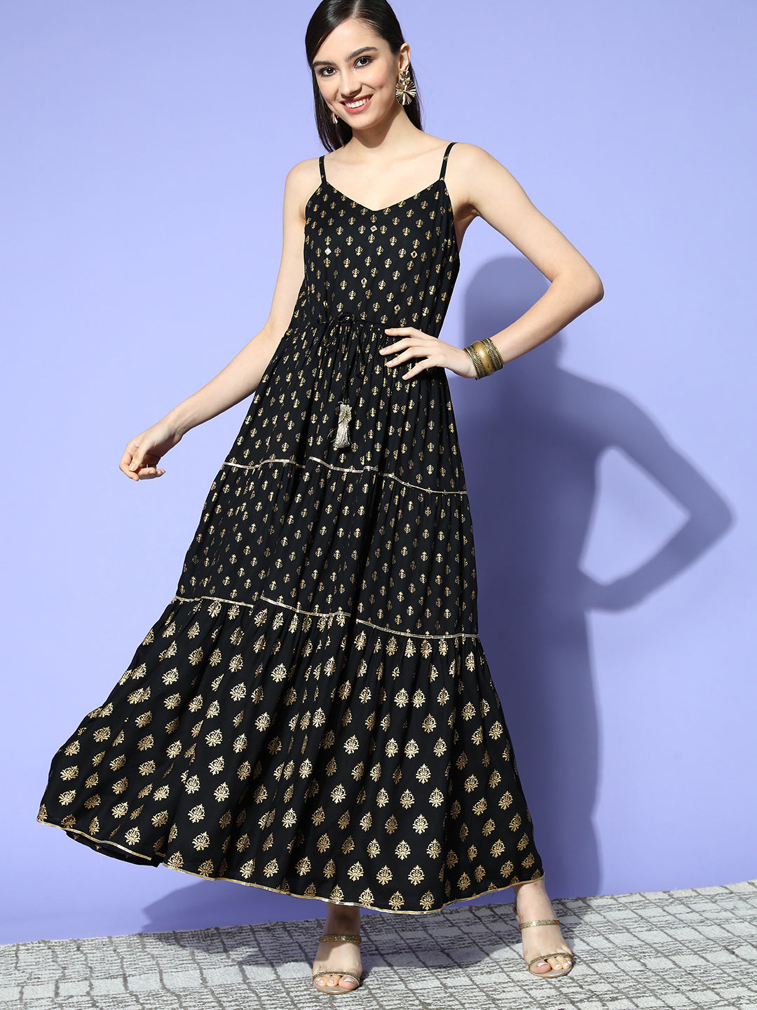 Sunehri Women's Rayon Black Printed Gota Patti A-Line Dress