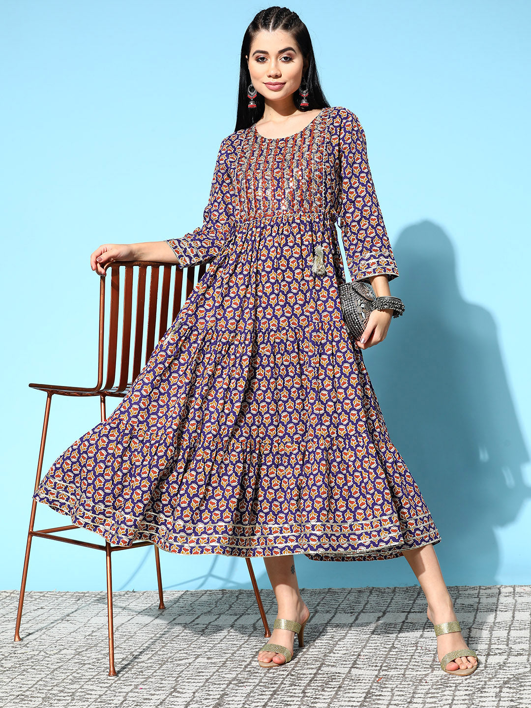 Sunehri Women's Cotton Blue Embellished Anarkali Dress