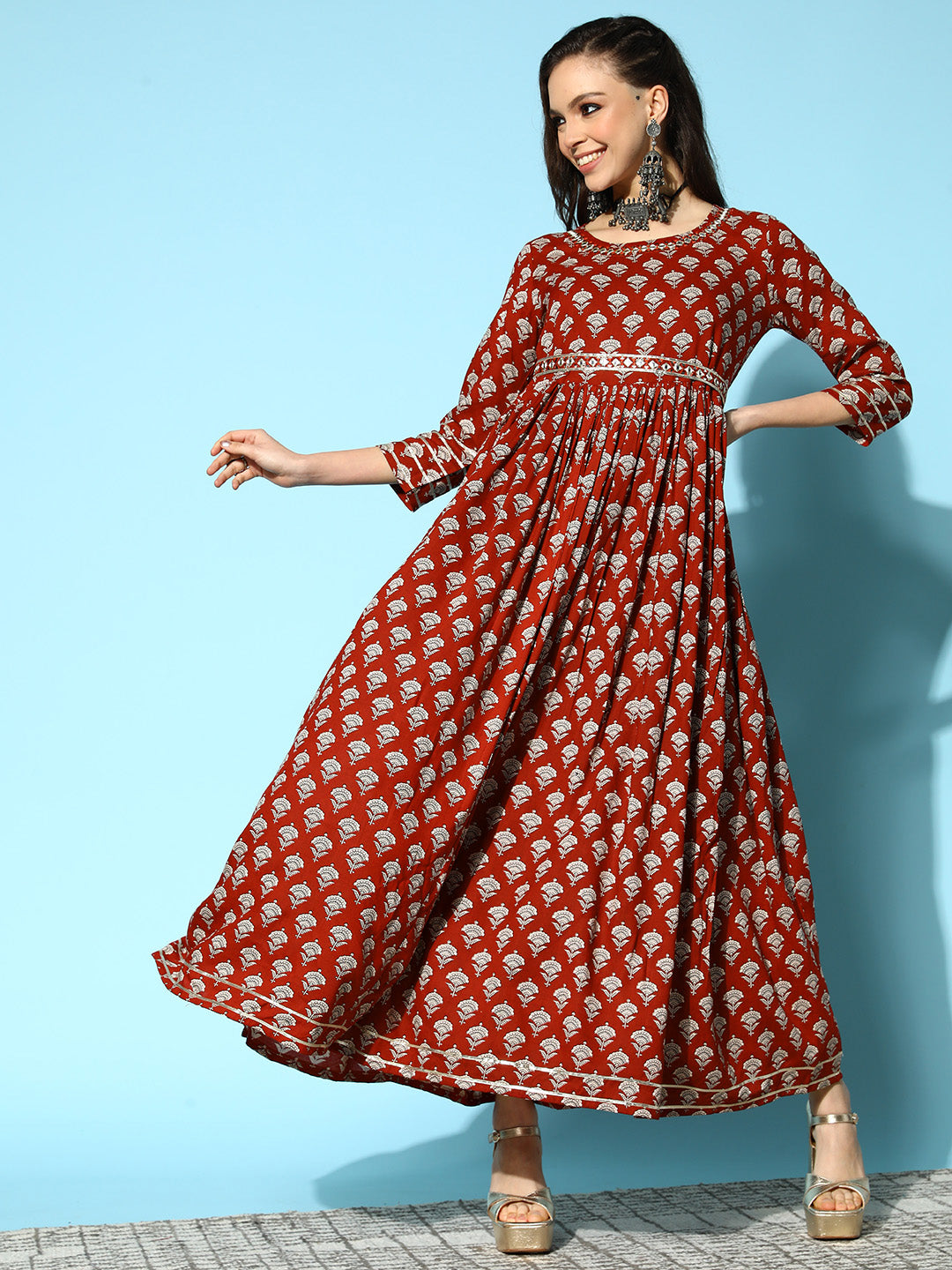 Sunehri Women's Cotton Maroon Embellished Anarkali Belted Dress 