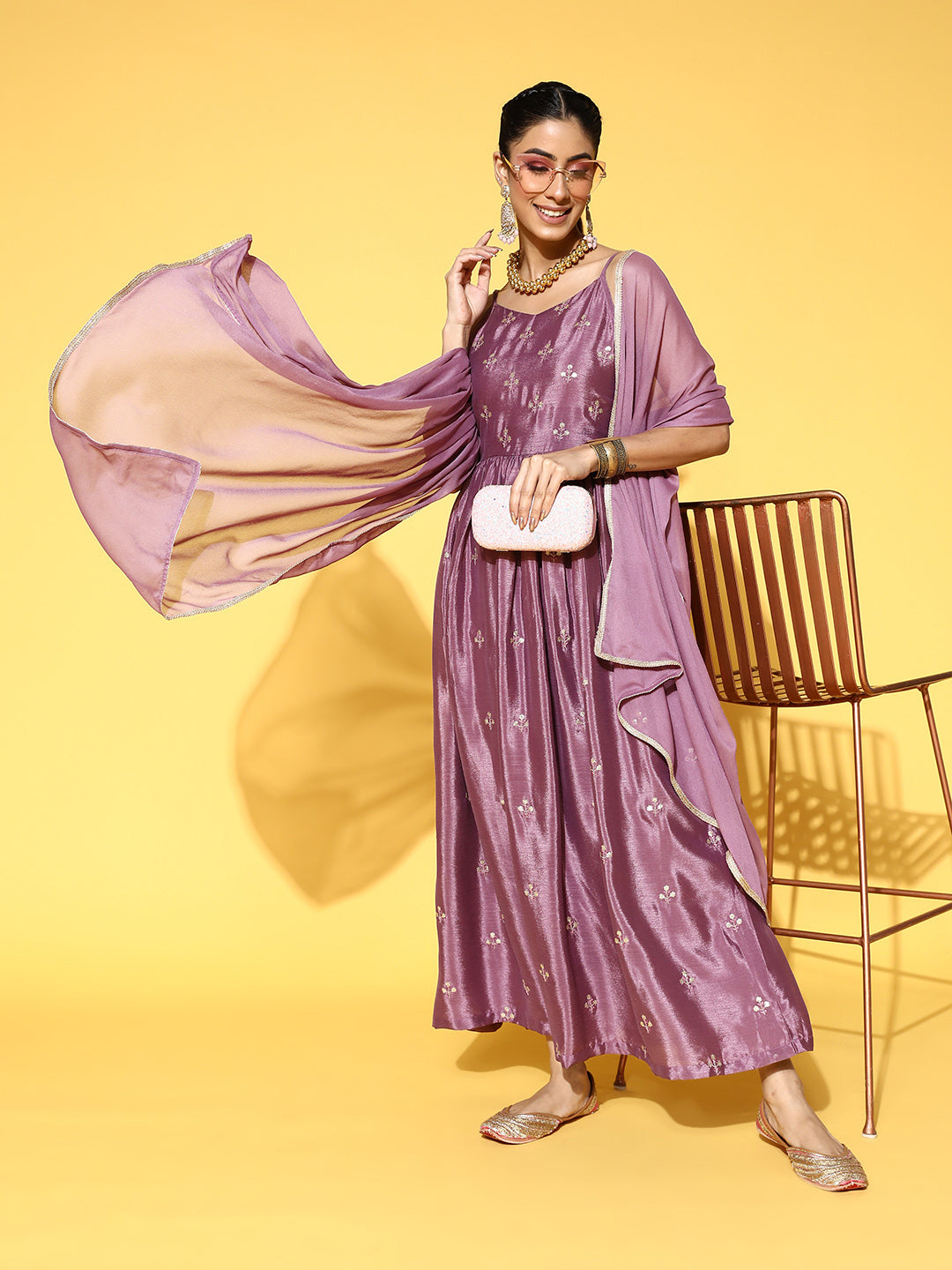 Sunehri Women's Silk Blend Purple Embellished Anarkali Dress With Dupatta