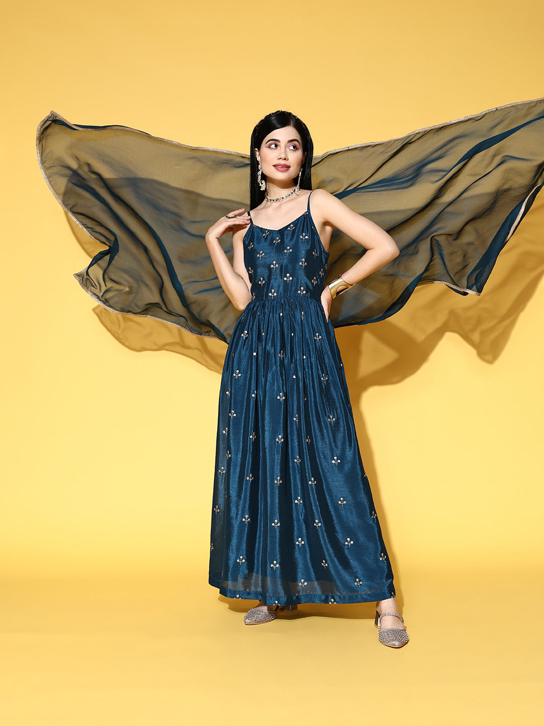 Sunehri Women's Silk Blend Teal Embellished Anarkali Dress With Dupatta