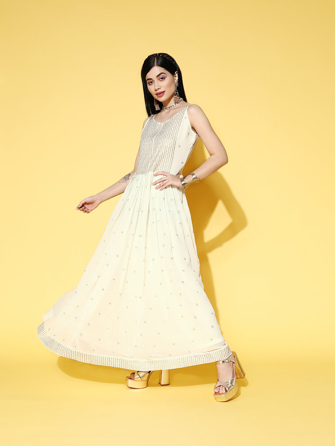 Sunehri Women's Poly Georgette Off White Embroidered Anarkali Dress With Dupatta