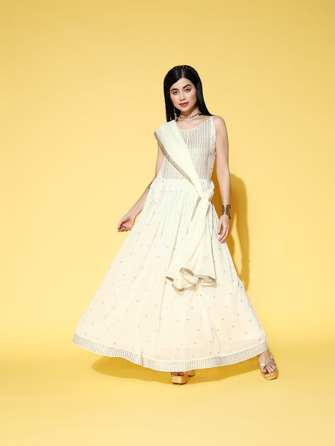 Sunehri Women's Poly Georgette Off White Embroidered Anarkali Dress With Dupatta
